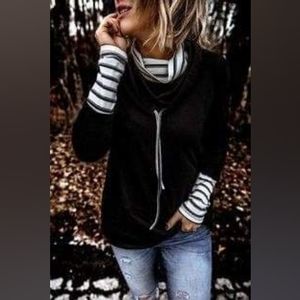 NEW With Tags Small Black with Black White Stripes Double Neckline Long Sleeve